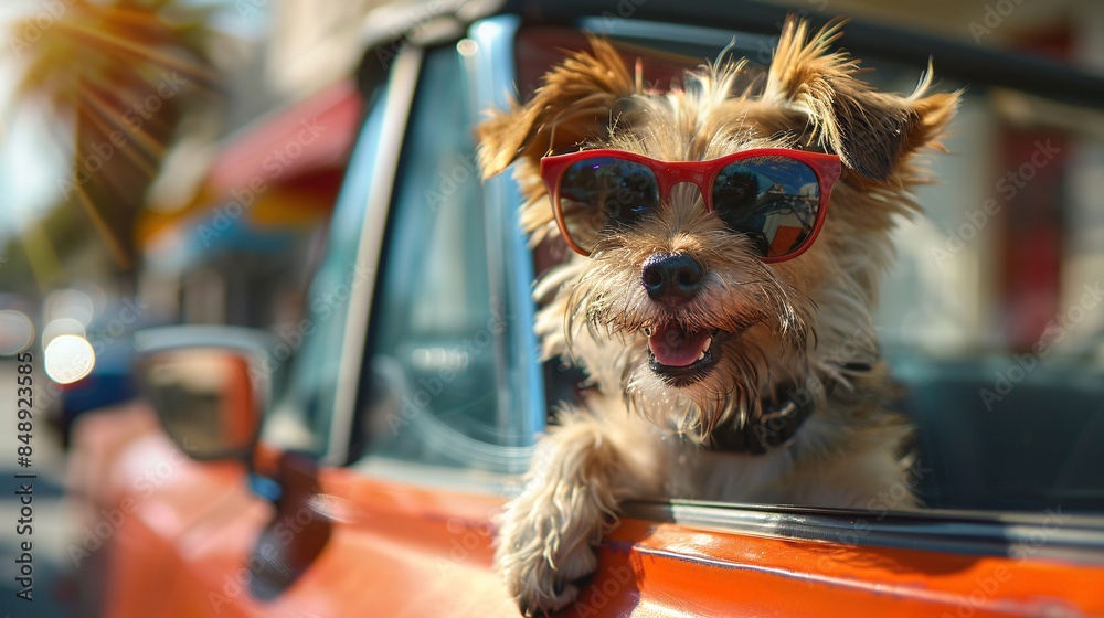 Wall mural Portrait of a dog in a car window.