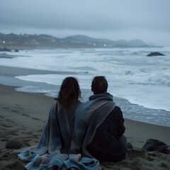 Fototapeta premium Couple Wrapped in Blanket on Chilly Beach Watching Waves and Horizon in Peaceful Serene Moment