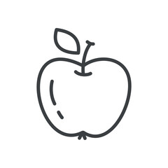 Cute apple icon. Hand drawn monochrome illustration of an apple with a leaf isolated on a white background. Kawaii sticker. Vector 10 EPS.