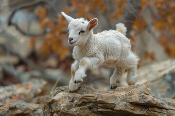 Fototapeta premium Baby Goat: A playful baby goat, or kid, jumping off a small rock in a rural farm setting. 