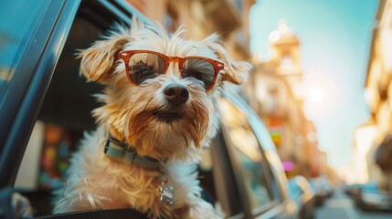 Dog in sunglasses in a car window.