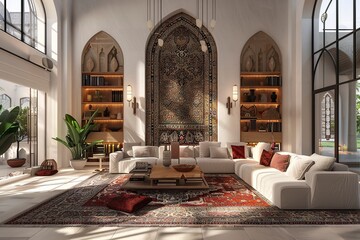 Obraz premium Bohemian boho style entrance foyer and staircase with a eclectic design aesthetic