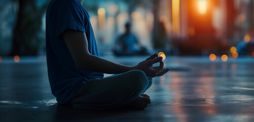 Young man practicing yoga indoor. Exercises calmness and harmony. Meditation