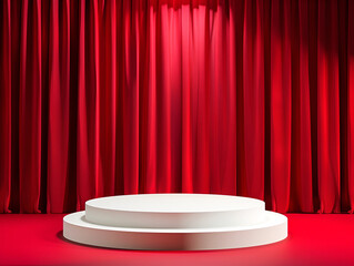 Elegant white podium with red curtains on stage