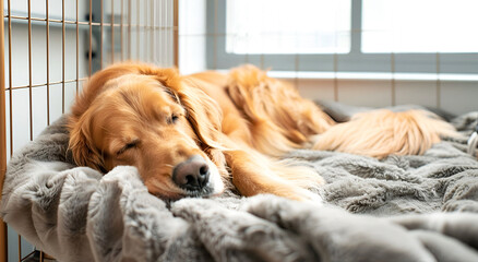Golden retriever enjoying comfort in a dog hotel