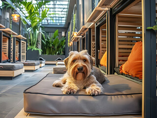 Small dog relaxing on a comfortable bed in a luxurious dog hotel