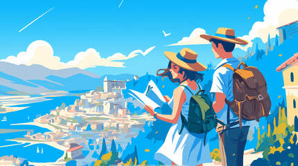 Fototapeta premium Travel scene with tourists with backpacks standing against the backdrop of cityscape. World travel, tourism, adventure, journey, vacation concept.