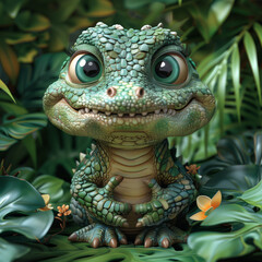 Fototapeta premium Cute cartoon lizard character surrounded by lush green foliage in a tropical setting