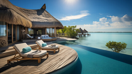 Obraz premium Stunning overwater villa with terrace views, sun beds, and chairs under an umbrella. Luxurious hotel pool with breathtaking ocean views, a serene spa and wellness center, a tranquil vacation resort.