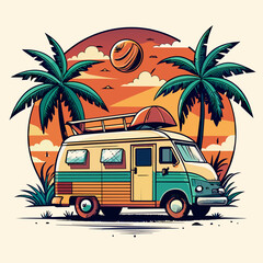 A van with palm trees on the top of it is advertising a sunset ,t-shirt design, t-shirt vector