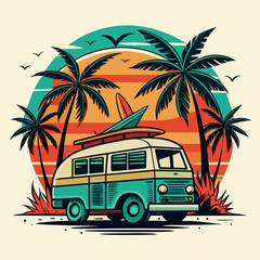  A van with palm trees on the top of it is advertising a sunset ,t-shirt design, t-shirt vector