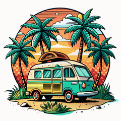 A van with palm trees on the top of it is advertising a sunset ,t-shirt design, t-shirt vector