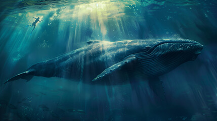 Fototapeta premium Majestic Underwater Encounter: A Swimmer Gliding Alongside a Giant Blue Whale in Sunlit Ocean Depths