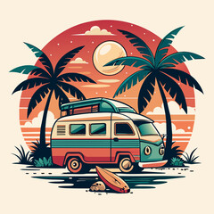 A van with palm trees on the top of it is advertising a sunset ,t-shirt design, t-shirt vector