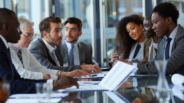 Diverse group of business professionals having a meeting and discussing ideas in a modern office space. AIG535
