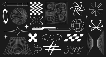 Set of abstract retro futuristic brutalist elements and shapes and line wireframe elements Y2K style. Geometric elements for template social media, poster, banner, logo, stickers