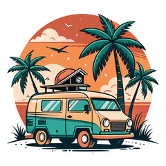 A van with palm trees on the top of it is advertising a sunset ,t-shirt design, t-shirt vector