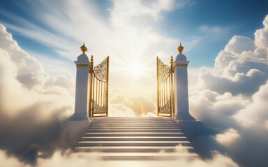 staircase and gate in heaven in the clouds, symbol of paradise
