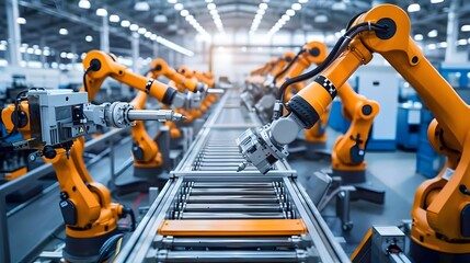 Automated Factory Floor with Robotic Arms Assembling Products in Modern Industrial Setting