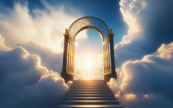 staircase and gate in heaven in the clouds, symbol of paradise