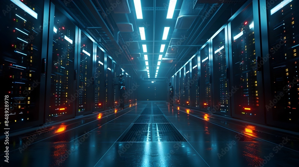 Poster rows of servers and blinking lights in a modern data center ensuring smooth