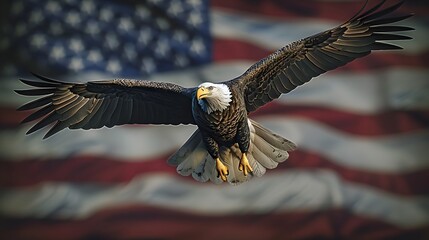 Naklejka premium Majestic Bald Eagle Soars Over the Iconic American Flag