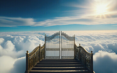 staircase and gate in heaven in the clouds, symbol of paradise