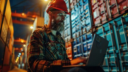 Obraz premium Dockworker at a port with a laptop, illuminated by port lights, containers stacked in the background, realistic 8K , high-resolution, ultra HD,up32K HD