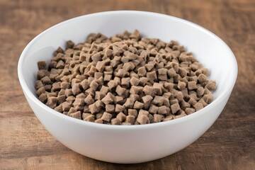 Fototapeta premium dry cat food in cup, bowl with dry cat food close up for a meal, A bowl of delicious dry cat food in cat bowl, Feeding bowl with dry cat food on background, closeup 
