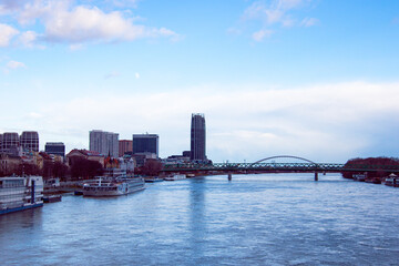 Fototapeta premium Razus embankment and Eurovea Tower on the background in Bratislava, Slovakia