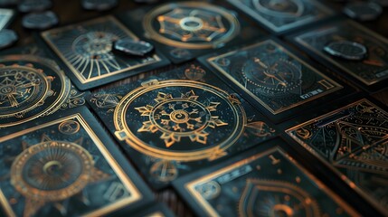 Naklejka premium Mystical Gypsy Cards with Intricate Esoteric Symbols and Patterns