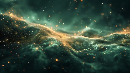 radiant particles on a dark green background