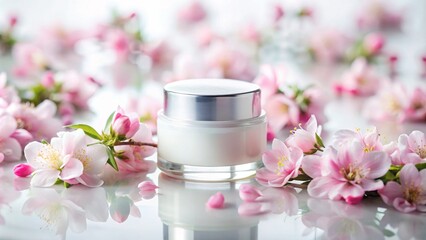 Delicate pink flowers surround a sleek, modern moisturizer bottle on a pristine white background, exuding serenity and luxurious pampering.