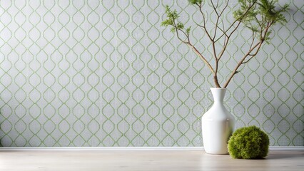 Minimalist nordic home decor featuring mossy twigs arranged in a white ceramic vase on a geometric patterned wallpaper with ample copy space.