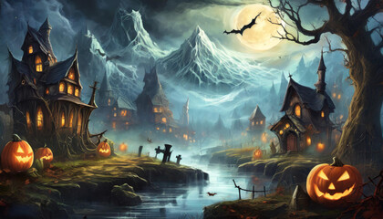 scary spooky halloween season, monster skull and crossbones halloween witch with pumpkin, halloween and October background