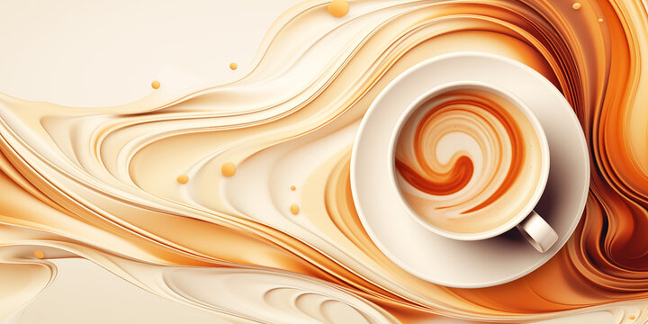 Coffee background, a cup of coffee with latte art against a background of soft waves in brown tones, top view	