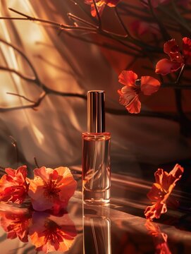 Perfumes bottle with flowers. An orange colour. Perfume luxury advertising. 