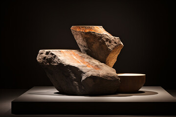 Rocks on Wooden Table with Dark Blurred Background: Natural and Minimalist Still Life Composition