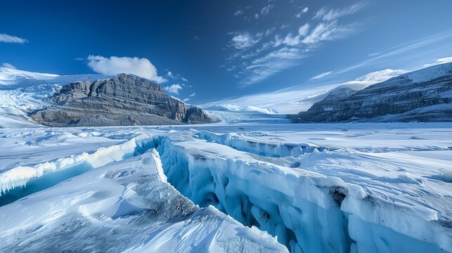 A jagged rock podium amidst glacial crevasses, with a clear, crisp sky overhead