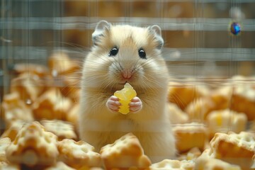 Fototapeta premium Baby Hamster: A tiny baby hamster, holding a small piece of food in its paws, sitting in a cage. 