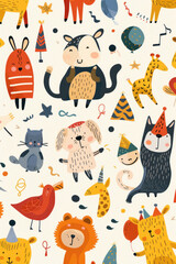 Colorful illustration of assorted animals with party hats and decorations on a cream background