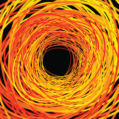A long exposure of an elaborate concentric loop created using an orange light in a single long exposure photograph.