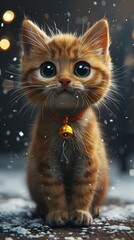Obraz premium Adorable of a playful curious kitten with big round eyes and a bell collar around its neck set against a blurred snowy winter background with a bokeh effect