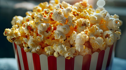 Close-up of a stack of buttery popcorn in a red and white striped container, light and shadow playing on the fluffy kernels
