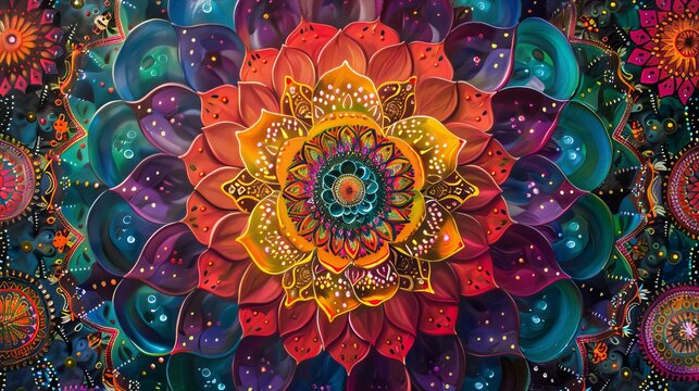 A colorful mandala design with intricate patterns and symmetrical shapes, representing balance and harmony in the universe.