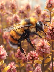 Close up shot of a happy bumblebee with fuzzy black and yellow striped body and buzzing wings collecting pollen from the vibrant pink and purple flowers in a lush natural outdoor environment