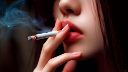 Obraz premium Smoking cigarette in a woman's lips, close-up
