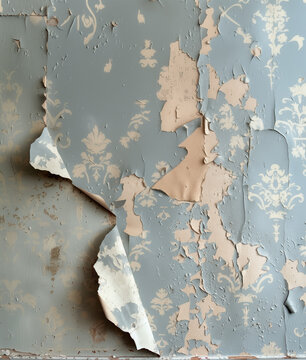 texture di un muro antico con parato damascato blu polvere e bianco strappato e danneggiato in un interno abbandonato. Sfondo vintage nostalgico fotografico