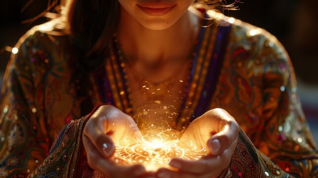 A psychic medium performing a palm reading for a client, with a focus on the intricate lines of the palm and the intense gaze of the medium, suggesting a deep connection to the spi