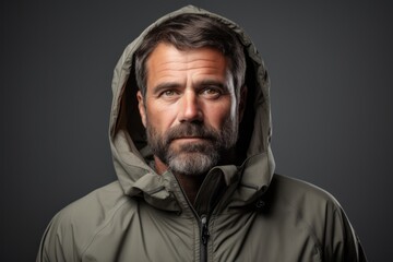 Obraz premium Portrait of a tender man in his 40s wearing a windproof softshell on minimalist or empty room background